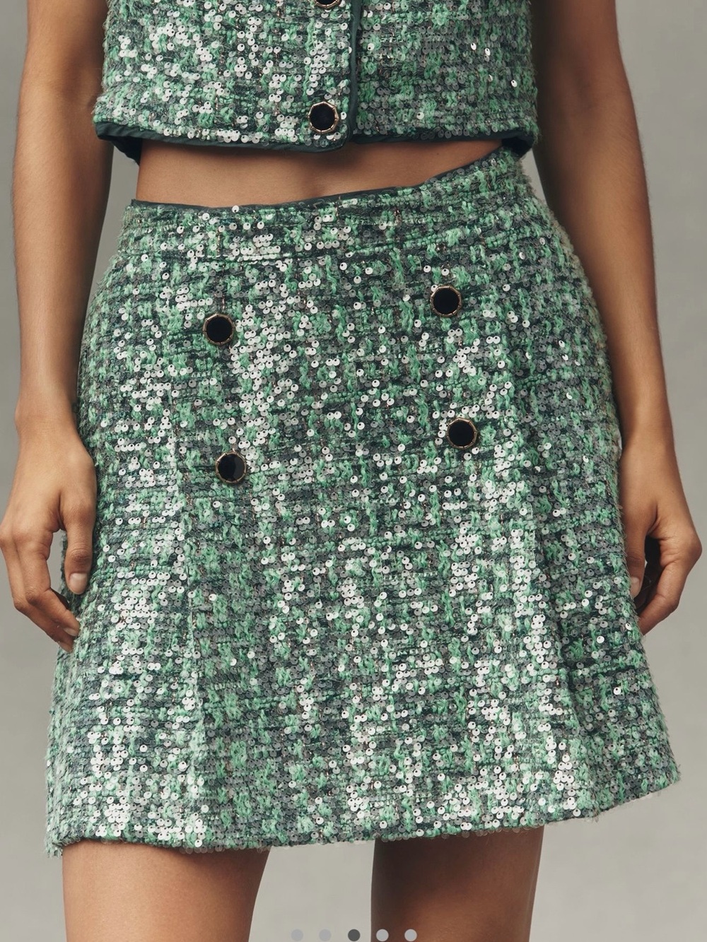 Maeve Green Sequin Tweed Mini Skirt